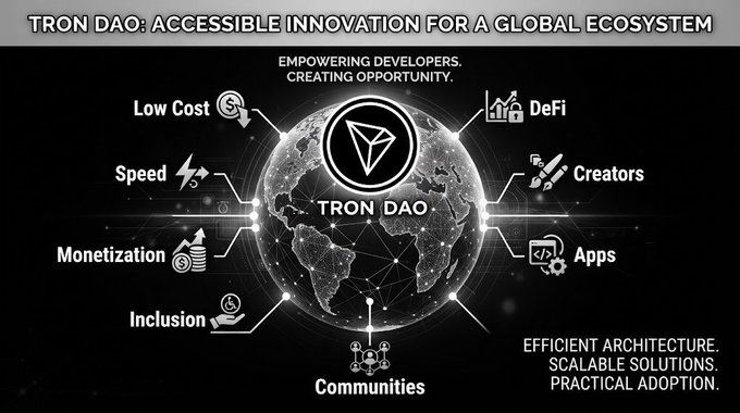An infographic titled 'TRON DAO: ACCESSIBLE INNOVATION FOR A GLOBAL ECOSYSTEM' displays features like Low Cost, Speed, Monetization, Inclusion, DeFi, Creators, Apps, and Communities surrounding a globe.