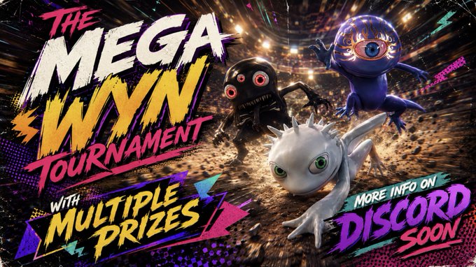A promotional banner for 'THE MEGA WYN TOURNAMENT with MULTIPLE PRIZES' featuring three cartoon characters (a black monster, a purple creature, and a white axolotl-like creature) with 'MORE INFO ON DISCORD SOON' text.