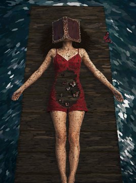 A top-down view of a woman in a red dress lying on a wooden pier surrounded by dark water, with an open book covering her face and a small pink butterfly nearby. The image evokes a surreal, contemplative mood that complements the artistic, introspective tone of the post presenting two blockchain art collections: "No More Thrills on ETH" and "Where Memories Bloom on TEZ."