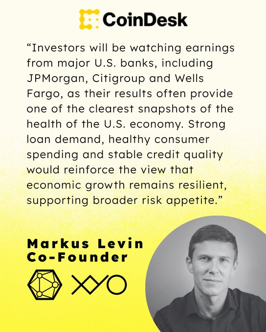 A CoinDesk graphic features a quote from XYO Co-Founder Markus Levin discussing how upcoming earnings from major U.S. banks like JPMorgan, Citigroup, and Wells Fargo will provide insight into economic health and influence broader risk appetite, alongside a black-and-white headshot of Levin. The image visually accompanies an article where Levin speaks with CoinDesk about crypto market drivers including CPI/PPI data and bank earnings.