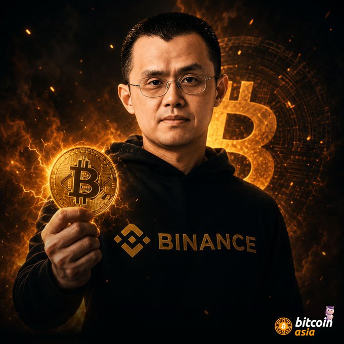 A stylized portrait of Changpeng Zhao (CZ), founder of Binance, wearing a black Binance hoodie and holding a physical Bitcoin, with a large golden Bitcoin logo and 'bitcoin asia' branding in the corner.
