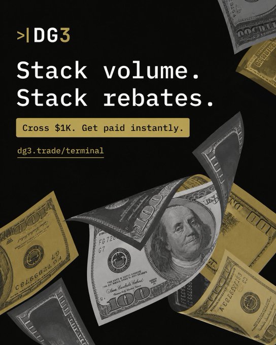A digital advertisement for a crypto trading platform called DG3, featuring the text 'Stack volume. Stack rebates. Cross $1K. Get paid instantly.' and the URL 'dg3.trade/terminal' against a black background with floating US $100 bills.