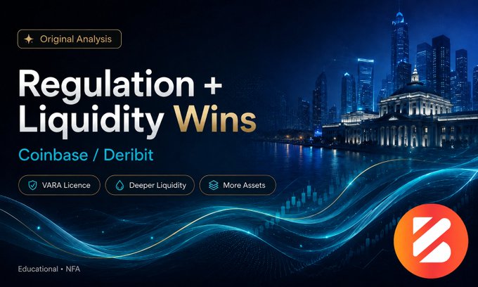 A promotional banner titled 'Regulation + Liquidity Wins' for Coinbase/Deribit, highlighting VARA Licence, Deeper Liquidity, and More Assets against a night city skyline.
