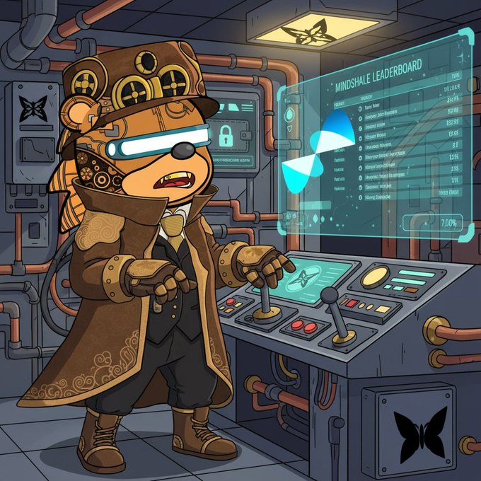 A cartoonish steampunk bear character wearing a top hat and goggles operates a control panel displaying a 'MINDSHALE LEADERBOARD' with rankings and a 'MINING PRODUCTION' interface.
