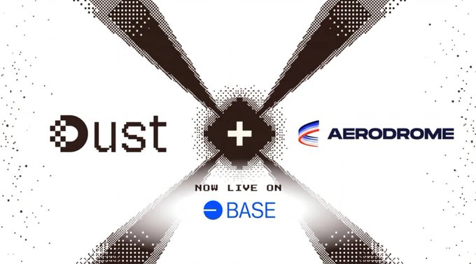 The image features a promotional graphic with "Dust" and "Aerodrome" logos flanking a central plus sign, accompanied by the text "NOW LIVE ON BASE," announcing that Dust's tokenized stocks, powered by Aerodrome, are now available on the Base network.