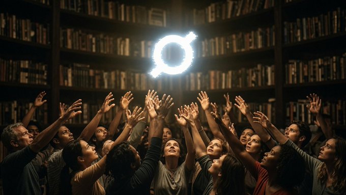 In the image, there are many people gathered together with their arms raised towards the sky. They appear to be reaching for something or someone above them. The group consists of both men and women, all facing upwards as if they're trying to catch a flying object or reach out for an unseen individual. The scene suggests that these individuals might be part of a larger event or gathering where they are attempting to grasp onto a concept or idea presented by the person at the center of their attention.

The image also contains several books scattered throughout, which could indicate that this event is taking place in a library or a similar setting with an emphasis on knowledge and learning. The presence of these books further supports the notion that the group is engaged in a discussion or activity related to a specific subject matter.