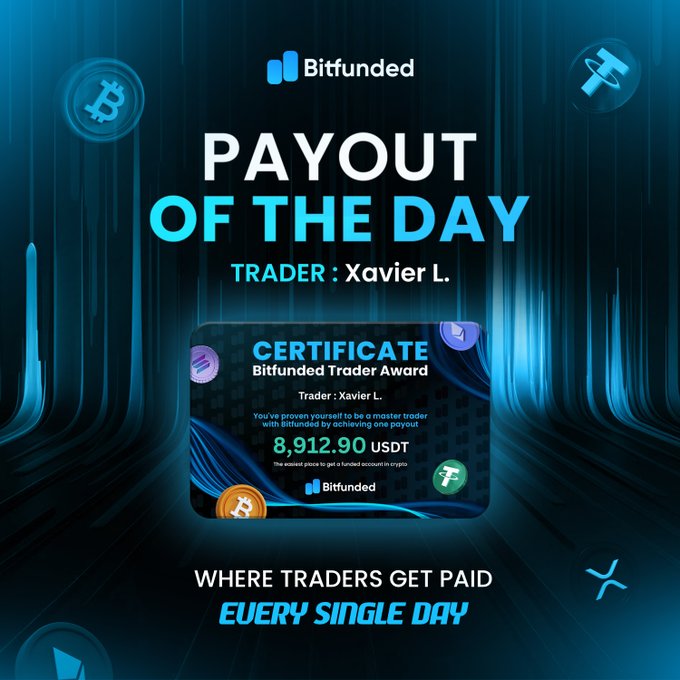 A promotional graphic from Bitfunded announcing a "Payout of the Day" for trader Xavier L., featuring a digital certificate highlighting an 8,912.90 USDT award, with the tagline "Where Traders Get Paid Every Single Day" reinforcing the post's celebration of his successful payout.