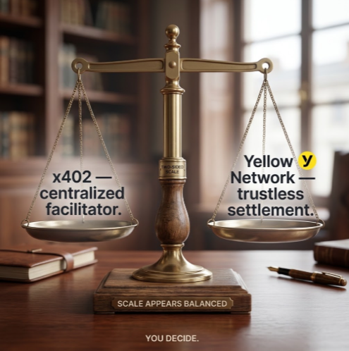 A brass balance scale sitting on a wooden desk in a library, weighing 'x402 — centralized facilitator.' against 'Yellow Network — trustless settlement,' with a plaque reading 'SCALE APPEARS BALANCED :)' and 'YOU DECIDE.' below.