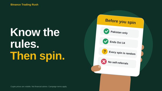 A Binance Trading Rush promotional graphic titled "Know the rules. Then spin." with rules displayed: "Pakistan only," "Ends Oct 14," "Every spin is random," and "No self-referrals."