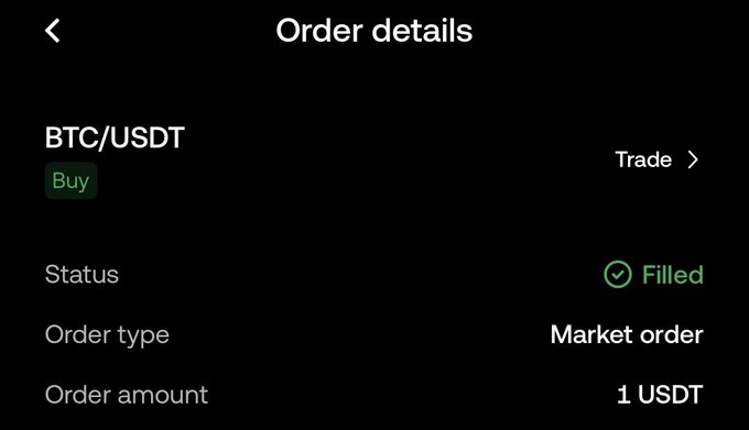 In this image, there's a summary posted about a recent trade made with Bitcoin. The user has just bought 1 USDT ( dollar ) worth of BTC / USDT using their account. They are currently monitoring the status of their order, which is filled, and they're planning to deploy half of their stables into another buy once it arrives. Additionally, they have set up an order type that allows them to use a market order for executing more trades within the next few months. The post also mentions that if another dip occurs, they'll deploy the remaining stables in that situation as well.