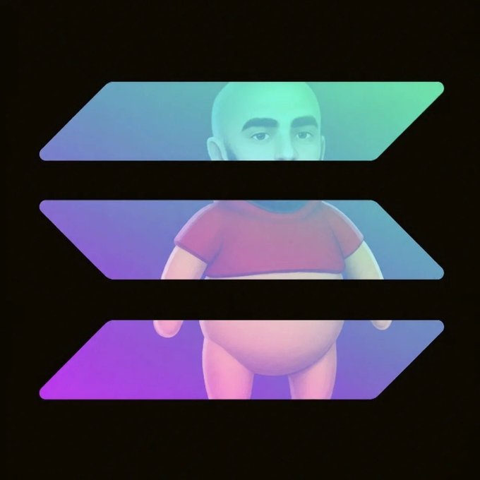 A 3D cartoon character is fragmented across three diagonal stripes against a black background, with vibrant purple, blue, and green gradients filling each section—likely representing the Solana ecosystem's colorful branding in a stylized, sliced visual format.