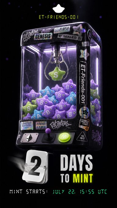 Promotional graphic for an NFT mint event titled 'ET-FRIENDS-001' featuring a cyberpunk-style claw machine filled with star-shaped plushies (green, purple, blue) labeled S, A, B, C, with '2 DAYS TO MINT' and mint start at July 22, 15:55 UTC.