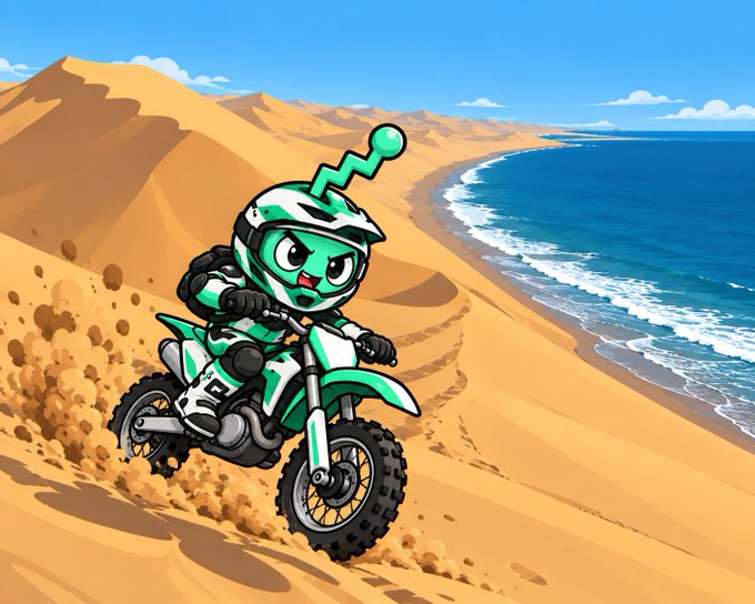 A cartoon illustration depicts a green character with a helmet and antenna riding a green dirt bike down sand dunes next to a blue ocean under a clear sky.