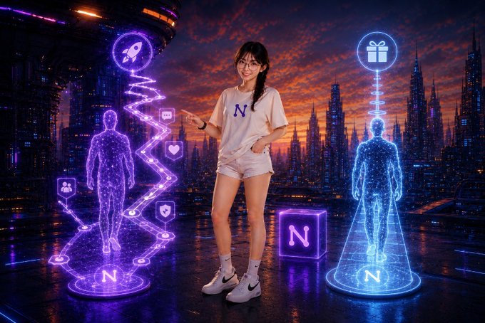 A young woman with glasses wearing a beige 'N' t-shirt and shorts stands in a futuristic cityscape, pointing at two holographic human figures—one purple with rocket and heart icons, one blue with a gift icon—both marked with the letter 'N'.