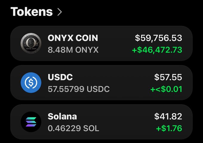 A crypto wallet dashboard displays a tokens page showing holdings of 8.48M ONYX Coin (valued at $59,756.53, up $46,472.73), 57.56 USDC ($57.55), and 0.46229 Solana ($41.82, up $1.76). The image illustrates the poster's claim of turning a small $160 call into over $60,000 through their ONYX position, while also showcasing their SOL holding as they invite others to share their wallet addresses for an upcoming airdrop.