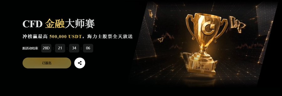 A promotional banner for 'CFD 金融大师赛' (CFD Financial Master Competition) offering up to 500,000 USDT, featuring a golden trophy with 'SKY max' and '5K' text.