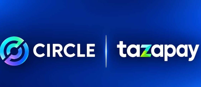 The image displays the logos of "CIRCLE" and "tazapay" side by side on a blue background, representing Circle's $400 million acquisition of Singapore-based payment platform Tazapay to strengthen its position against Tether.