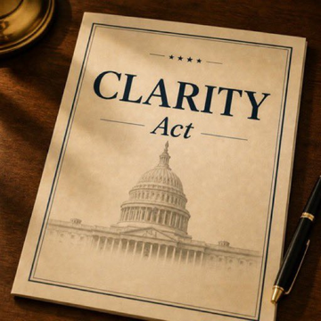 A document titled "CLARITY Act" rests on a wooden surface next to a black pen, featuring an illustration of the U.S. Capitol building to signify its legislative nature. The image visually reinforces the post's announcement that Congress has released the new text of the CLARITY Act, with a motion to proceed expected imminently.