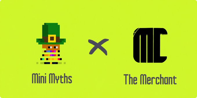 A promotional graphic on a green background featuring pixel art characters, reading 'Mini Myths x The Merchant' with an 'X' between the logos.