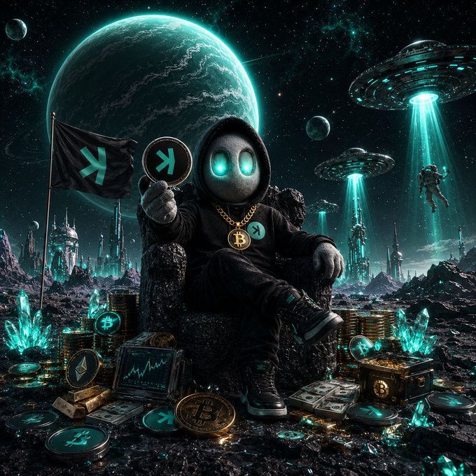 A hooded figure sits on a throne made of Bitcoin and crypto coins, holding up a glowing token against a cosmic backdrop of UFOs and planets, surrounded by treasure chests of gold and digital wealth. The image visually embodies the post's message about TxFlow being a hidden gem like Hyperliquid in its early days—portraying an anonymous, early crypto investor who discovered massive wealth before anyone else, with the lavish cosmic setting symbolizing the untapped, invite-only opportunity being promoted.