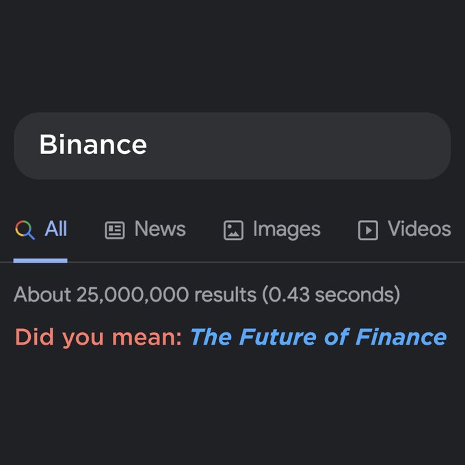 A Google search for "Binance" displays about 25,000,000 results and suggests "Did you mean: The Future of Finance." This humorously positions Binance as the future of finance, aligning with the caption "The future of finance is right where you are."