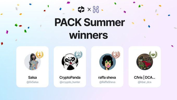 A 'PACK Summer winners' announcement showing four winners with their avatars and usernames: Salsa (@0xSalsa), CryptoPanda (@crypto_hunter), raffa sheva (@RaffaSheva), and Chris | DCA... (@hbar_dca).