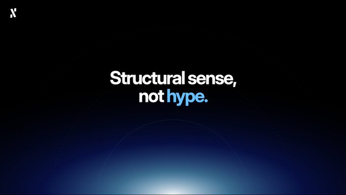 The image features a bold tagline "Structural sense, not hype," with "hype" highlighted in blue against a dark gradient background, reinforcing the post's message that PoW-based DeFi emphasizes fundamentals over fleeting trends.