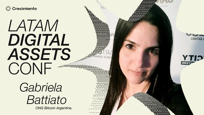 A promotional graphic for the 'LATAM DIGITAL ASSETS CONF' featuring a photo of Gabriela Battiato from ONG Bitcoin Argentina, with the Crecimiento logo in the top left.