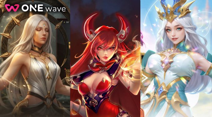 A promotional collage for "ONE wave" featuring three fantasy game characters—a serene white-haired woman in a golden circlet, a red-haired horned warrior, and a silver-haired queen in elegant teal and white regalia—with the "ONE wave" logo visible in the top corner. The image showcases the three different gaming experiences mentioned in the post, with each character likely representing one of the highlighted titles.