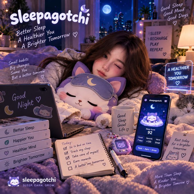 A promotional image for 'sleepagotchi' features a sleeping girl with a plush cat, a smartphone displaying a 'Sleep Score 92', and various motivational text overlays like 'Better Sleep A Healthier You A Brighter Tomorrow'.