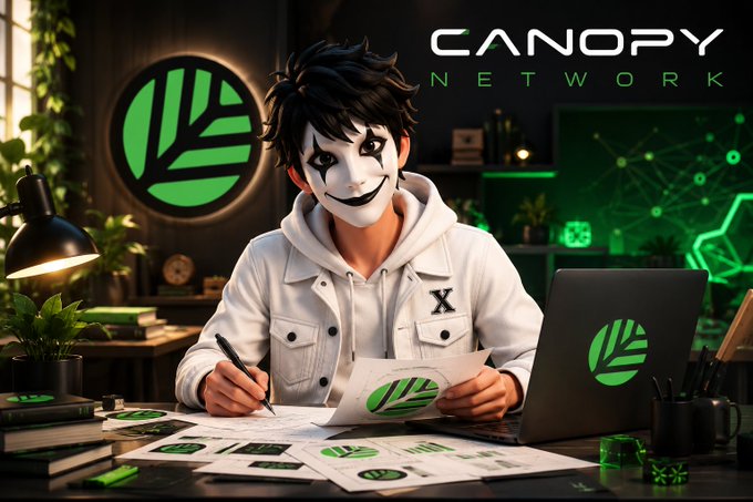 An illustration for 'CANOPY NETWORK' showing a young man wearing a white hoodie and a stylized mask, sitting at a desk with a laptop and papers bearing the green Canopy logo.