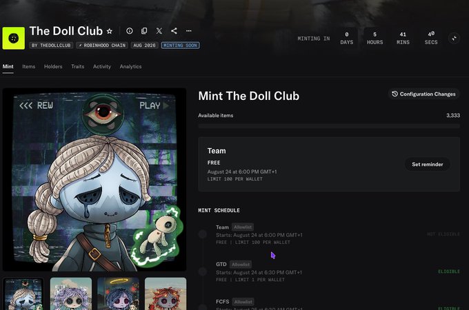 The image displays a minting page for "The Doll Club" NFT collection on the Robinhood Chain, featuring a tearful doll character with a single eye, scheduled to begin minting in 5 days, 41 hours, with a free team mint limited to 100 per wallet at 6:00 PM GMT+1 on August 24. The accompanying post highlights this as one of today's most anticipated mints alongside PlayBandits.