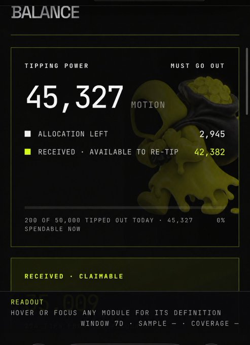 A digital interface titled 'BALANCE' showing a 'TIPPING POWER' of 45,327 Motion, with 2,945 allocation left and 42,382 received and available to re-tip.