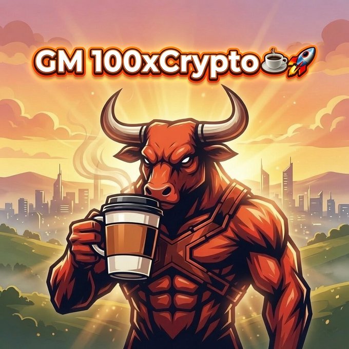 A muscular red bull with armored features holds a steaming coffee cup against a vibrant sunset cityscape backdrop, with the bold title "GM 100xCrypto☕🚀" displayed above. The image reinforces the post's bullish "GM" greeting, using the coffee cup and rocket emojis to symbolize an energetic morning check-in and high-momentum crypto ambition.