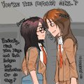 A small cartoon illustration shows two girls standing next to each other with handwritten dialogue that is partially illegible.