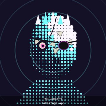 A digital/cyberpunk-style illustration of a cat made of dots with pink and purple eyes, with text at the bottom reading 'FAKE ARCHETYPE latostage.app'.