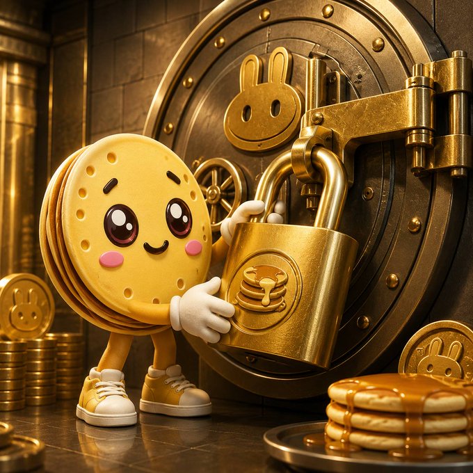A cute pancake mascot proudly holds a golden padlock stamped with the $CREPE logo in front of a massive vault door, symbolizing the token's extended liquidity lock. The rabbit emblem on the vault and surrounding gold coins reinforce the secure, long-term commitment to the project's locked liquidity.