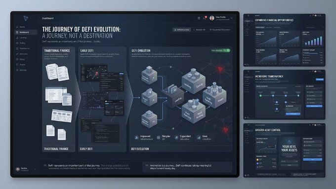A dashboard interface titled 'THE JOURNEY OF DEFI EVOLUTION: A JOURNEY, NOT A DESTINATION' featuring charts, flow diagrams, and sections on traditional finance, early DeFi, and DeFi evolution.