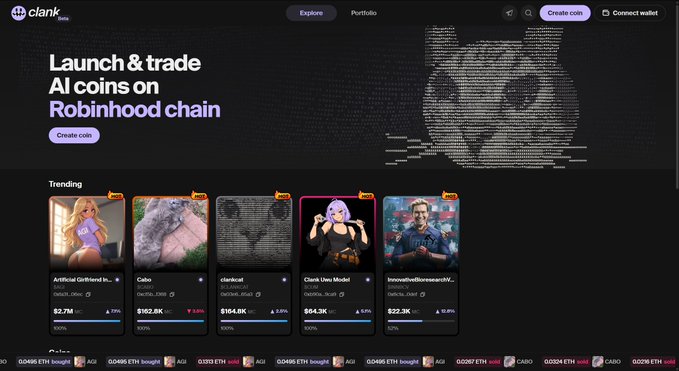 The image shows the Clank.fun beta website homepage, featuring a "Launch & trade AI coins on Robinhood chain" banner above a Trending section displaying five AI-themed meme coins, including "Artificial Girlfriend Intelligence" (AGI) priced at $2.7M (matching the post's token of interest), along with Cabo, clankai, Clank One Model, and knowthedifferencesNOW—all marked with the "AGI" label and red "Sold out" tags.