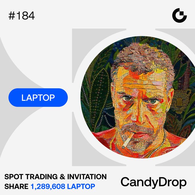 A digital trading card labeled '#184' and 'LAPTOP' featuring a mosaic-style portrait of a man with a cigarette, branded as 'CandyDrop' with 'SPOT TRADING & INVITATION' and a '1,289,608 LAPTOP' share count.