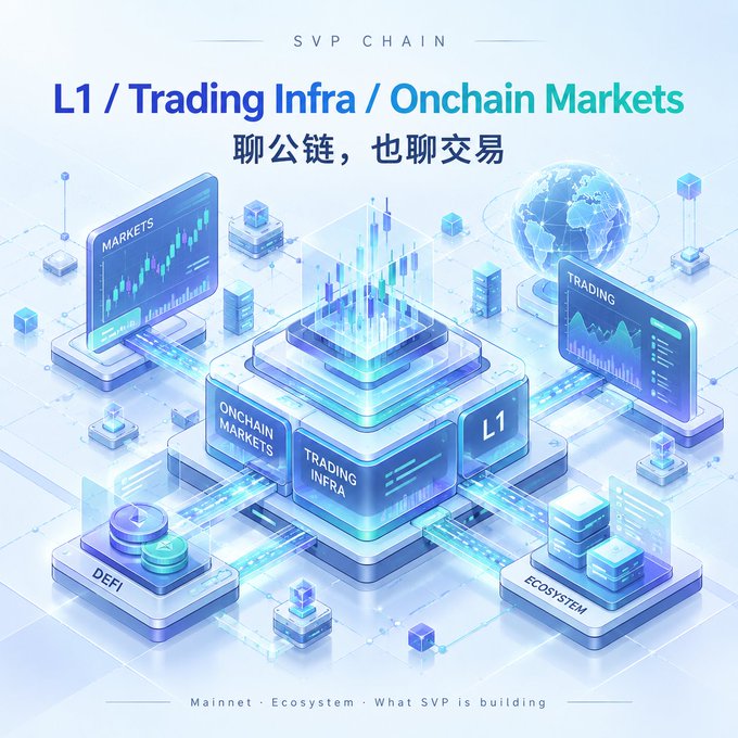 A promotional graphic for SVP CHAIN with the header 'L1 / Trading Infra / Onchain Markets' and Chinese text '聊公链，也聊交易', illustrating a blockchain ecosystem with markets, trading, and DeFi elements.