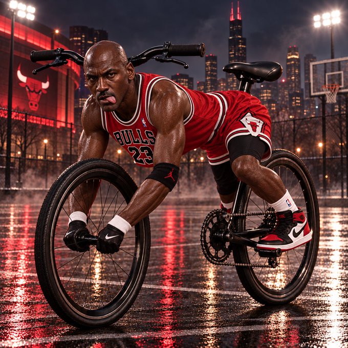 An AI-generated image shows Michael Jordan in a Bulls #23 jersey riding a BMX bicycle on a wet basketball court at night with a Chicago city skyline in the background.