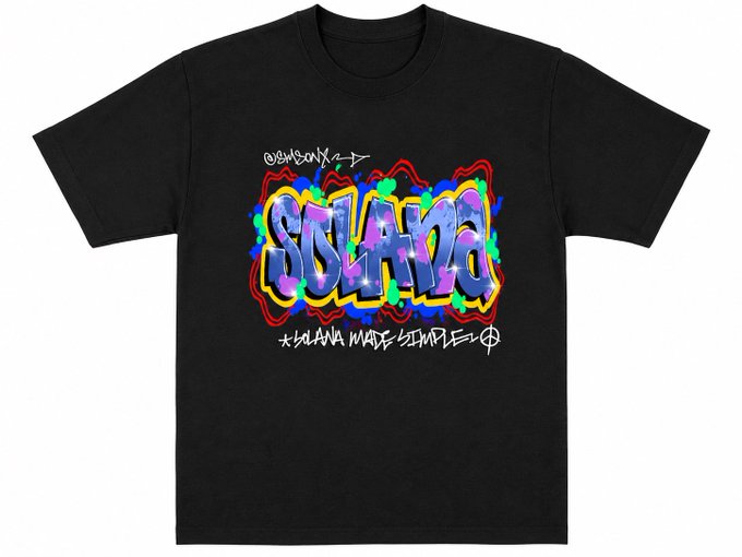 The image shows a black t-shirt with graffiti writing on it, including the words "solana" and "mana made simple". The text appears to be in white and blue colors. The shirt has a short sleeve design, giving it a casual look. The image also includes a caption that reads "Would you buy this solana shirt anon!?" This suggests that someone might be interested in purchasing the t-shirt or discussing its features with others.