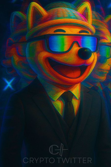 A vibrant, colorful illustration of a cat-like figure wearing a beanie and rainbow sunglasses in a suit, watermarked 'CRYPTO TWITTER'.