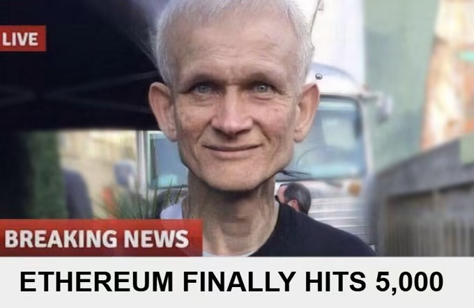 A breaking news screenshot from a live broadcast showing a man with blonde hair smiling, with the headline 'ETHEREUM FINALLY HITS 5,000' at the bottom and a 'BREAKING NEWS' banner.