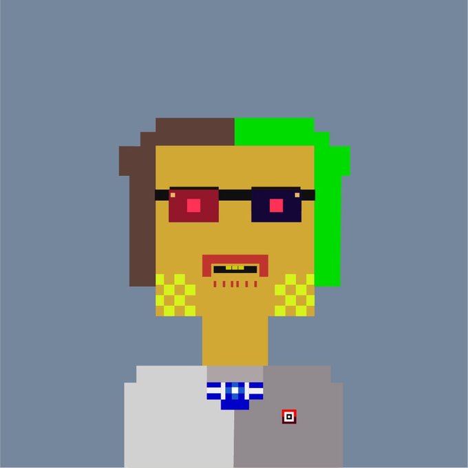A pixel art portrait of a character with brown and green hair, wearing red-tinted glasses, gold earrings, and a grey suit with a blue tie.