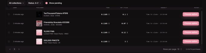 Screenshot of a cryptocurrency/DeFi dashboard showing collections like "TenThousandTokens", "Friendship Bracelets", "10,000 FWA", and "500,000 PIKSTR" with their prices and "Choose option" buttons.