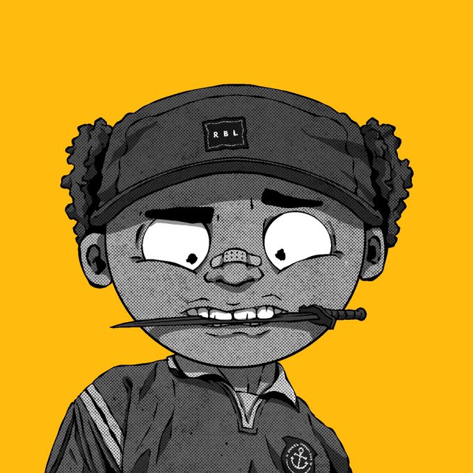 A black and white comic-style illustration of a character with curly hair and an 'RBL' cap holding a knife in their mouth against a yellow background.
