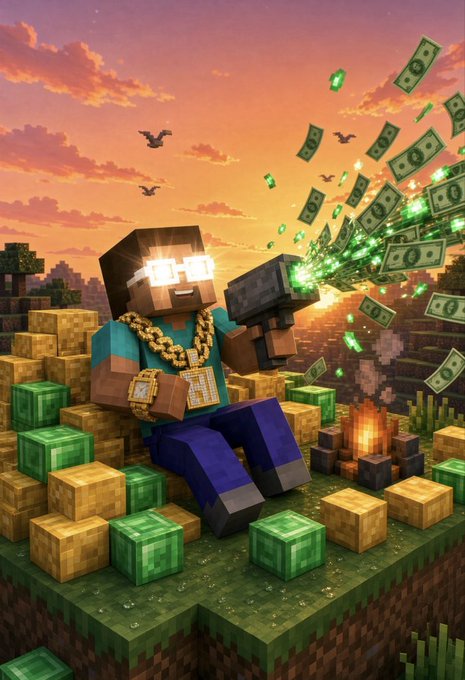 A Minecraft-style illustration of a blocky character wearing sunglasses and gold chains, firing a gun that shoots out money and emeralds amid a sunset landscape.