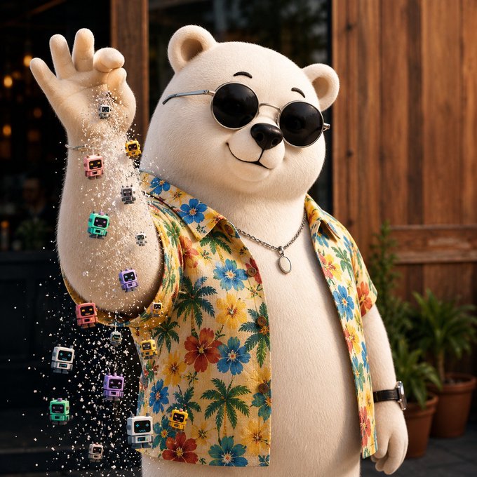 A 3D-rendered white polar bear wearing sunglasses and a floral Hawaiian shirt, waving with one paw while small colorful toy figures fall like confetti around it.